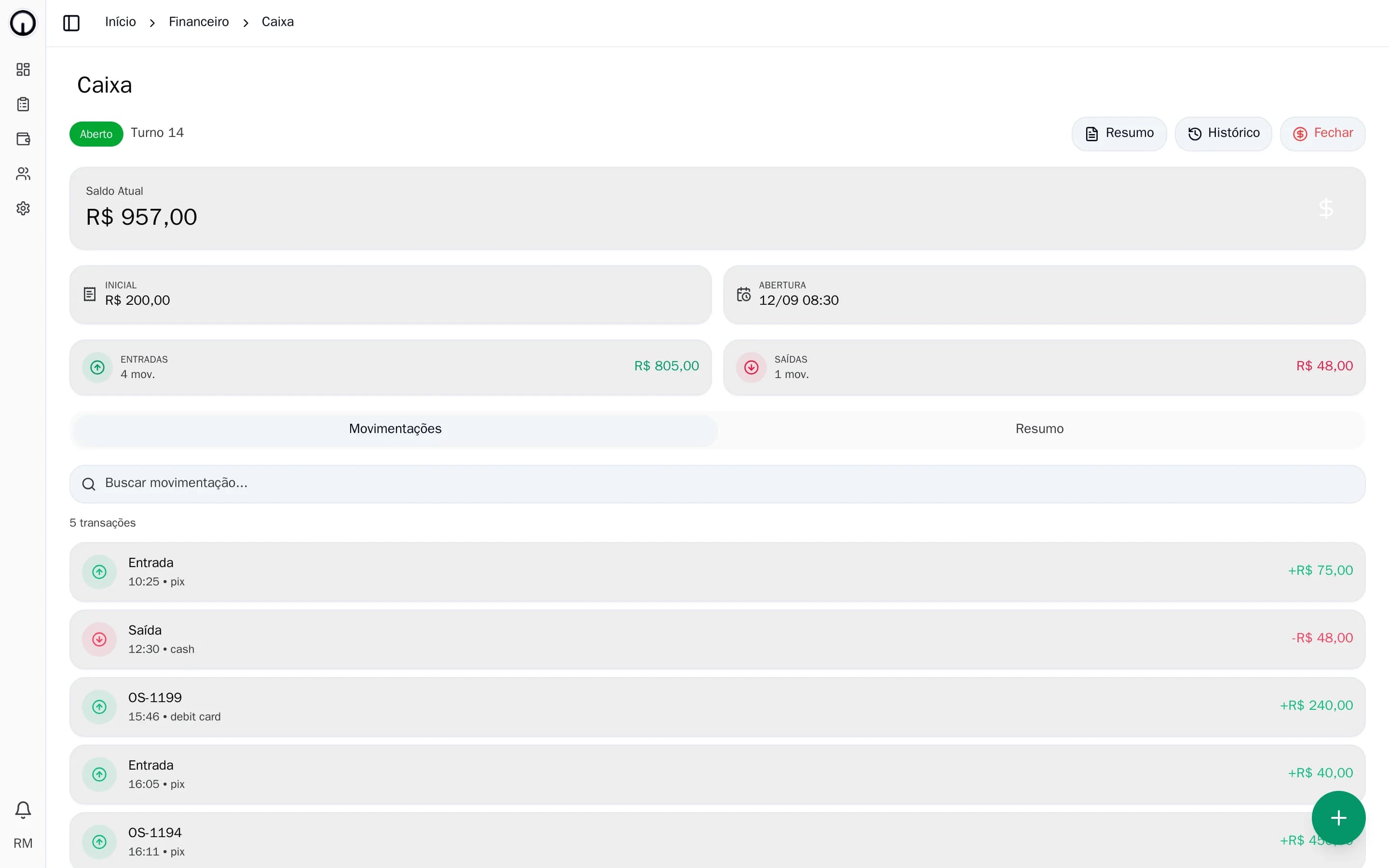 Caixa do AgileOS aberto, com saldo atual, entradas, saídas e movimentações do turno
