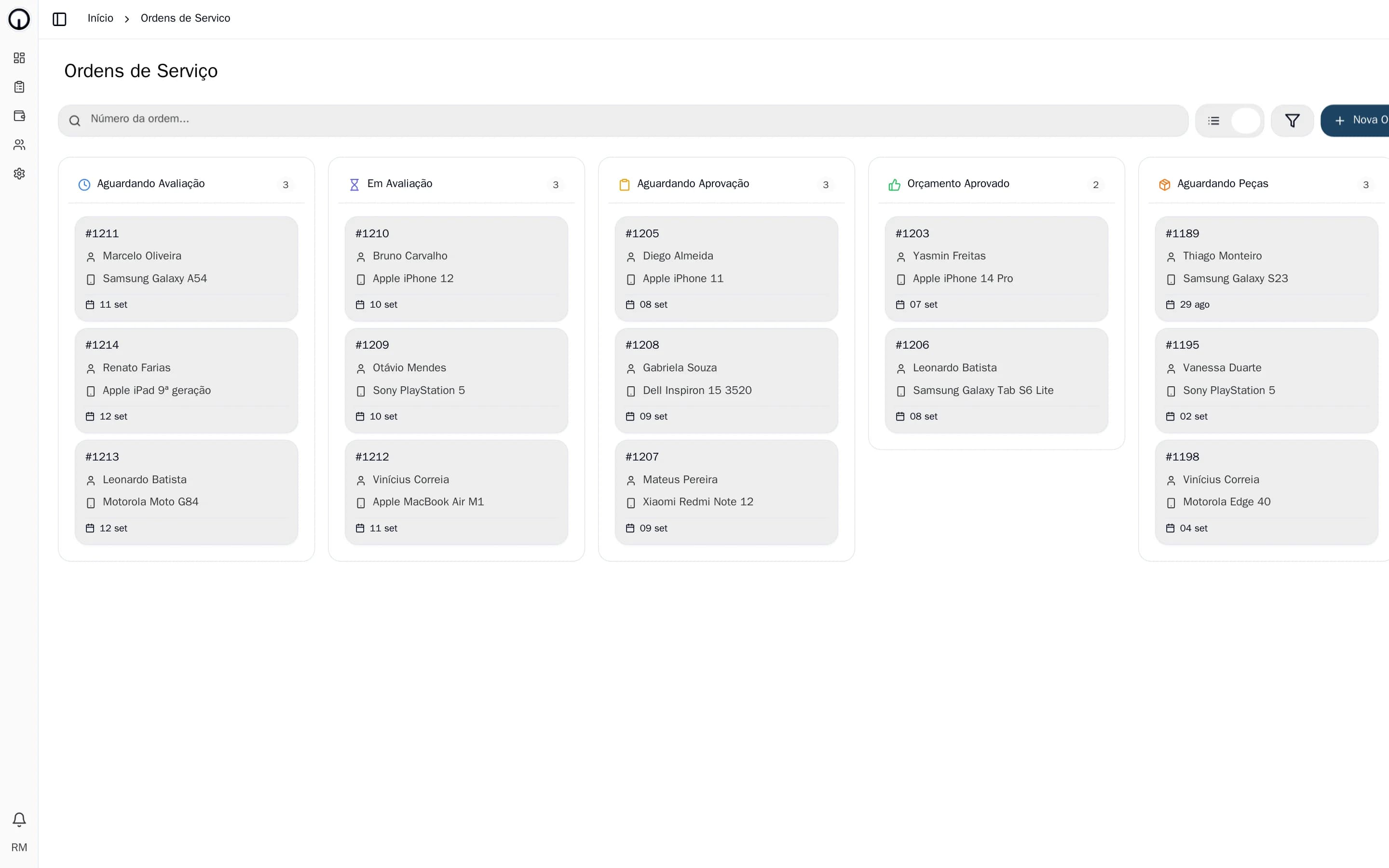 Quadro Kanban de ordens de serviço do AgileOS, com uma coluna para cada status